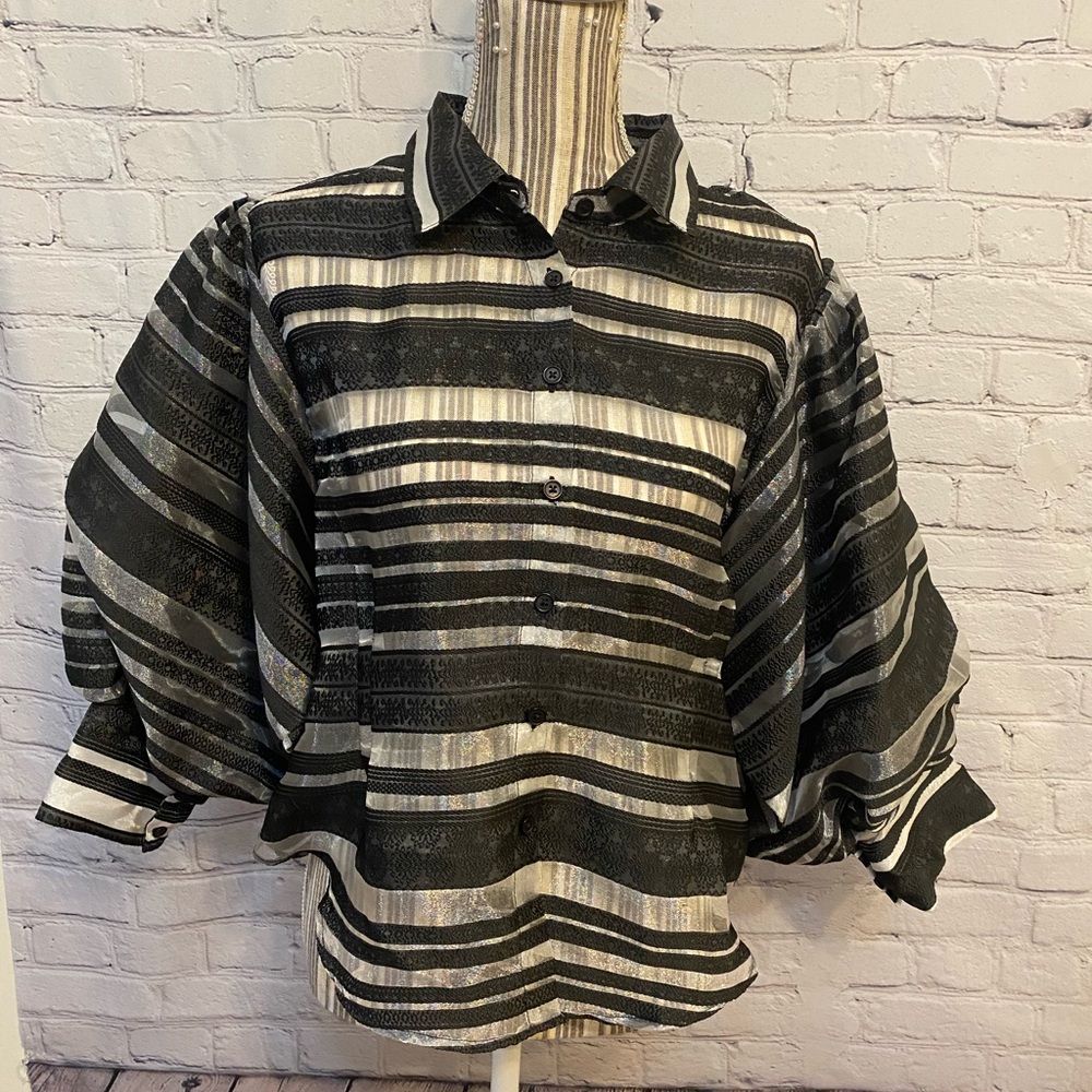 CQ BY CQ Black Sheer Puffed Buttoned Sleeves Blouse with striped Size XL